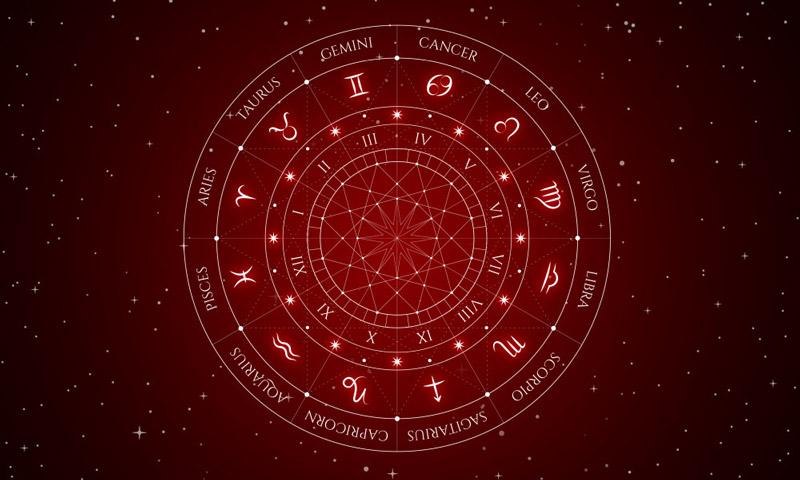 Sun signs red universe background.